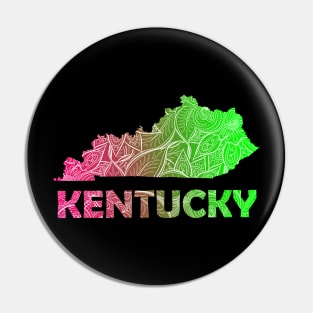 Colorful mandala art map of Kentucky with text in pink and green Pin