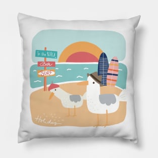 The two Seagulls at the beach celebrating summer holiday by the Sea, holiday memory on dark background Pillow