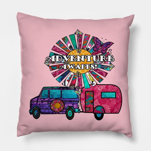 Adventure Awaits with van and travel trailer Pillow by artbyomega