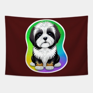 A Cute Havanese Puppy Dog with Black & White Markings and a Brown Trim with a Rainbow Color Background Tapestry