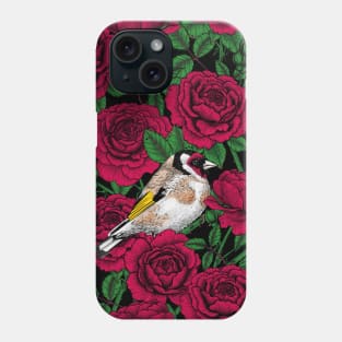 Red Rose flowers and goldfinch birds Phone Case