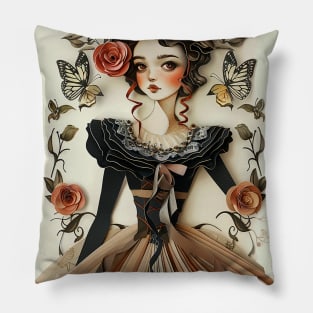 Cute Paper Doll With Fan Victorian Lace Dress Art Pillow