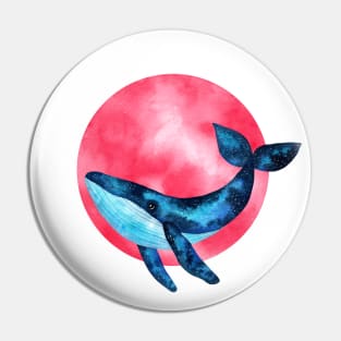 Cute space blue whale illustration with pink moon bubble Pin