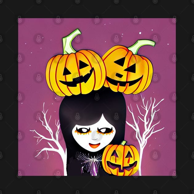 Gothy Witch Girl with Pumpkin Friends In Halloween Cheer by SubtleSplit