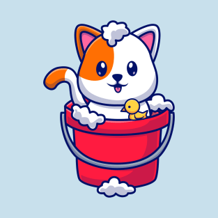 Cute Cat Bathing In Bucket With Bubble Cartoon T-Shirt