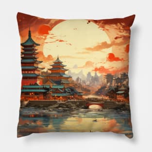 Oriental City Concept Abstract Colorful Scenery Painting Pillow