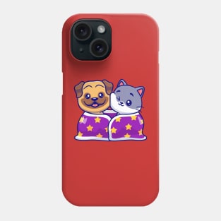 Cute Pug Dog And Cat Wearing Blanket Together Cartoon Phone Case