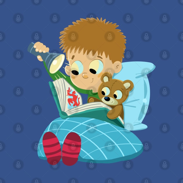 bedtime boy is reading a book with a teddy bear by duxpavlic