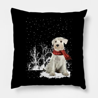 Christmas Miniature Schnauzer With Scarf In Winter Forest Pillow