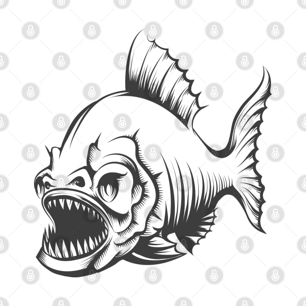 Piranha Fish in Engraving style isolated on white. by devaleta