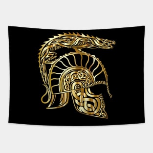 Gold Spartan Dragon Helmet Gladiator Design Tapestry