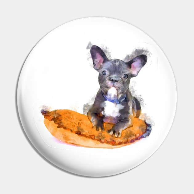 Cute Black And White Bulldog Puppy On A Orange Cusion Digital Portrait Pin by NeavesPhoto