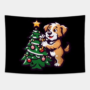 Dog Decorating Christmas Tree Tapestry