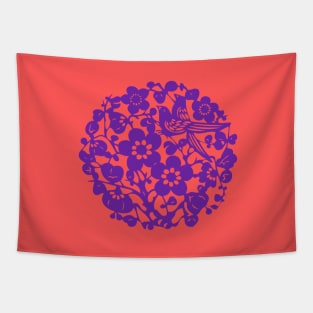 Traditional Chinese Paper Cutting Floral Pattern - Hong Kong Retro Bright Coral with Purple Symbol Tapestry