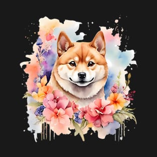 A shiba inu decorated with beautiful watercolor flowers T-Shirt