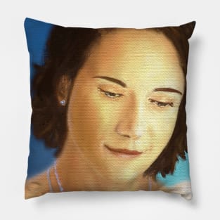 Painting of a Beautiful Young Elegant Woman, Looking Down and Smiles Pillow