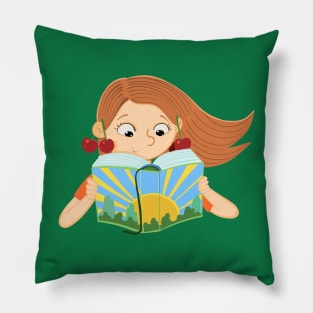 girl with cherries is reading a book with a sun on the cover Pillow