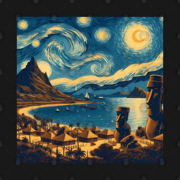 Easter Island, Rapa, Nui, Chile, in the style of Vincent van Gogh's Starry Night by CreativeSparkzz