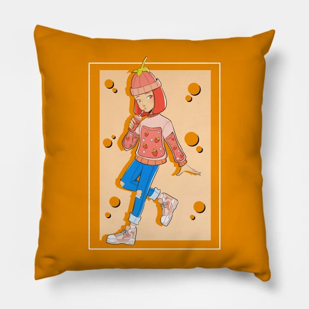 Cute Strawberry Juice Girl (Retro Cartoon Coloring) Pillow by DTyper