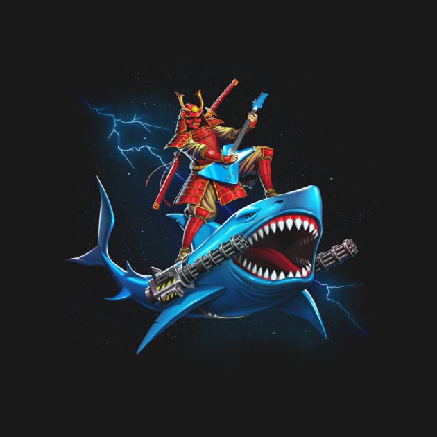 Epic Samurai Surfing on a Shark in Space Playing Guitar by andremuller.art