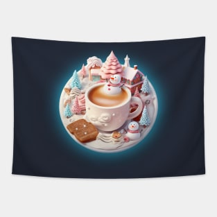 Snowman in a cappuccino with winter wonderland Tapestry