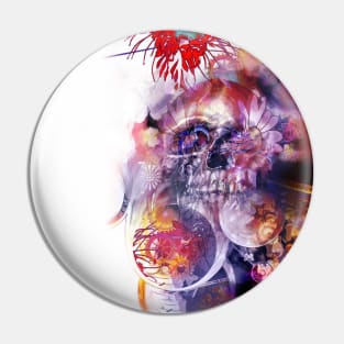 Time skull with gears flowers spider lilies purple teal red Pin