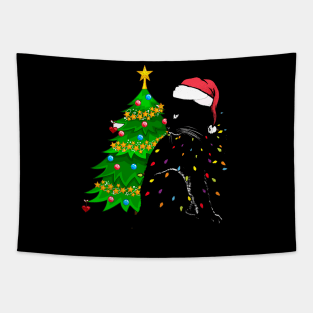 Black Cat christmas light tshirt funny cat lover christmas Tapestry