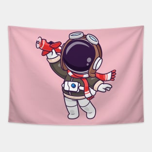 Cute Astronaut Pilot Playing Plane Toy Cartoon Tapestry