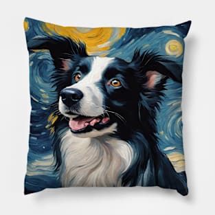 Adorable Border Collie Dog Breed Painting in a Van Gogh Starry Night Art Style Pillow