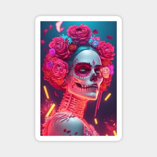 Day of the Dead Cyperpunk Beauty with Futuristic Cityscape - Ultra Realistic Magnet