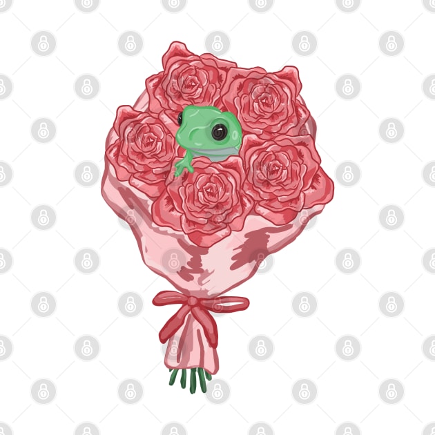 Bouquet with Green Frog and Pink Roses by RoserinArt