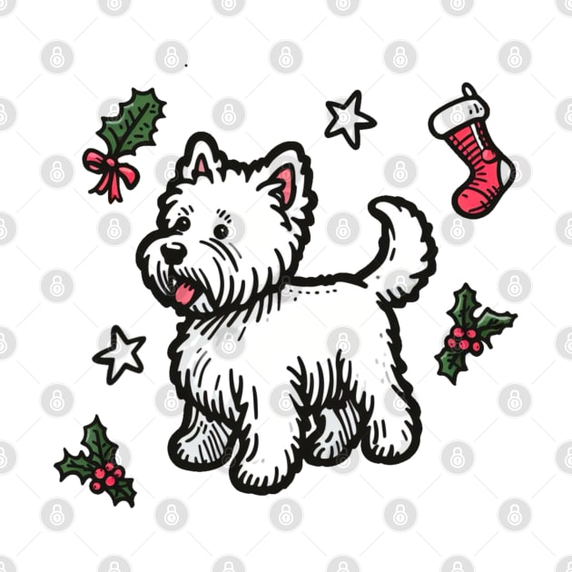 Westie Christmas Design - West Highland Terrier - Cartoon Dog Holiday Drawing by Star Fragment Designs