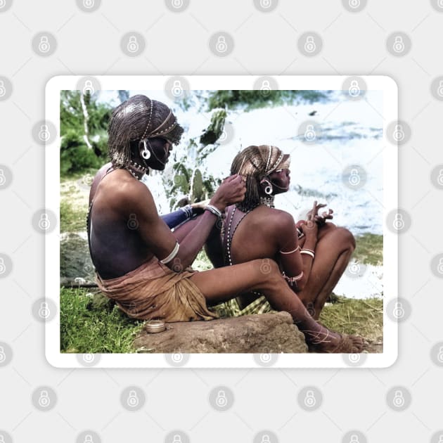 colorized vintage photo of Maasai doing hair Magnet by In Memory of Jerry Frank