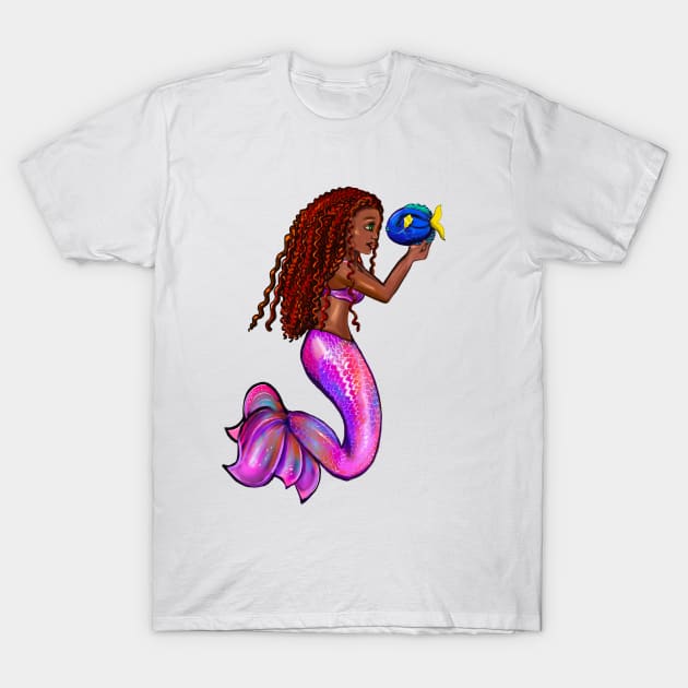 African American Mermaid with Flowing Red Locs and Blue Tang Fish, Afro Hair and Caramel Brown Skin. Black Mermaids T-Shirt