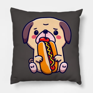 Cute Pug Dog Eating a Hot Dog - Kawaii Pug - Fun Puppy - Look at Those Eyes Pillow