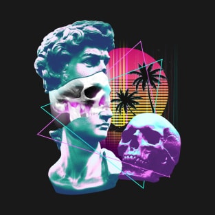 Vaporwave David Bust Statue with Skulls & Palm Tree Art T-Shirt