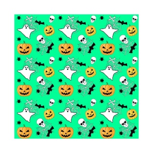 Spooky Halloween Pattern on Aqua Green Background T-Shirt