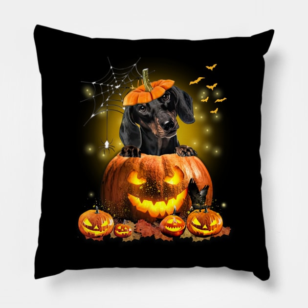 Black Dachshund Spooky Halloween Pumpkin Dog Head Pillow by Los Draws