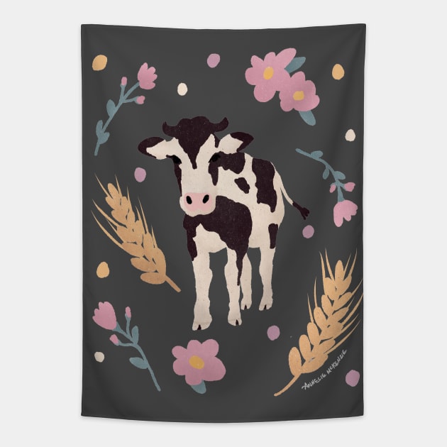 Cow Portrait with Wheat and Flowers Tapestry by Annelie