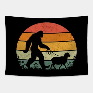 Bigfoot Walking a Sheep Retro Sunset Farm Animal Lover Tapestry