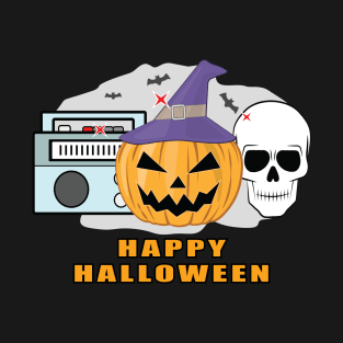 Happy Music Halloween - Spooky Skull, Pumpkin & Radio T-Shirt