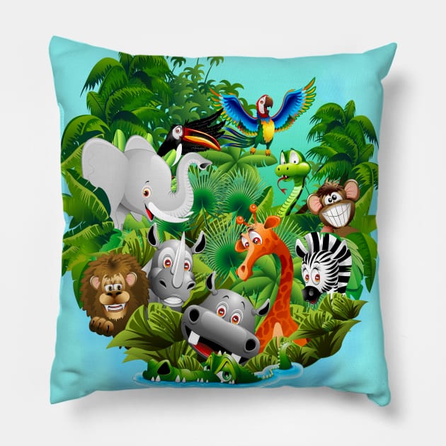 Wild Animals Cartoon on Jungle Pillow by BluedarkArt