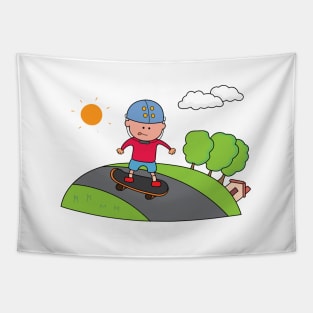 Kids drawing of little boy playing skateboard Tapestry