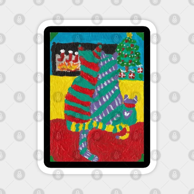 Abstract Christmas cat Holiday art Magnet by SamsArtworks