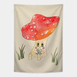 Cute Watercolor Mushroom Reading 4 Tapestry