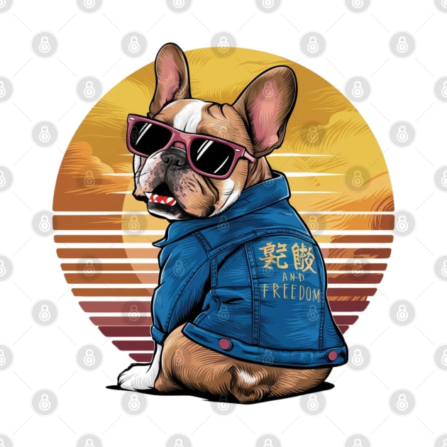 A vibrant vector illustration of a French Bulldog wearing sunglasses and a blue jean jacket, embodying a carefree(2) by YolandaRoberts