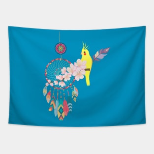 yellow bird and colorful dreamcatcher art Tapestry
