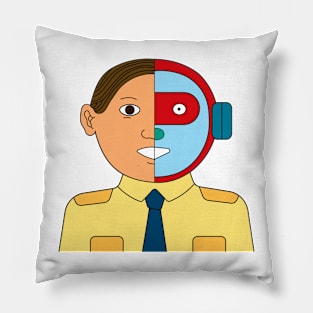 Cyborg. Half human half robot face wearing business worker uniform. Pillow