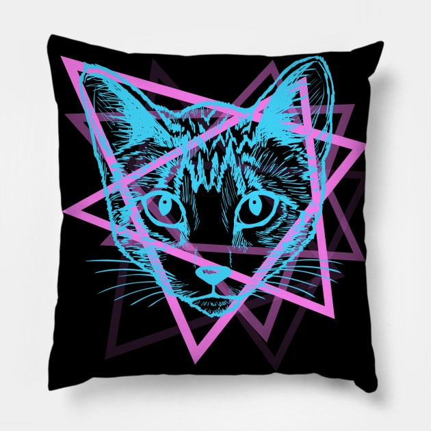 Psychedelic Rave Cat Abstract Vaporwave Gift Pillow by VaporwaveAestheticDreams