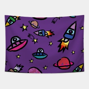 Cute Planets And Rocket Kids Pattern Seamless Tapestry